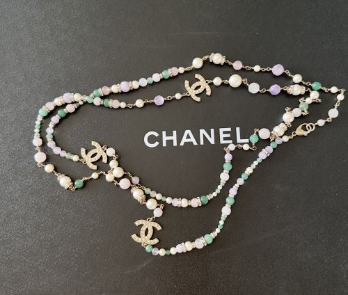 CHANEL NECKLACE LANGE HALSKETTE GOLD TON STEINE