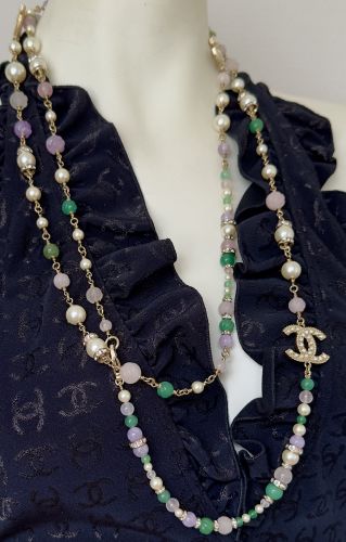 CHANEL NECKLACE LANGE HALSKETTE GOLD TON STEINE