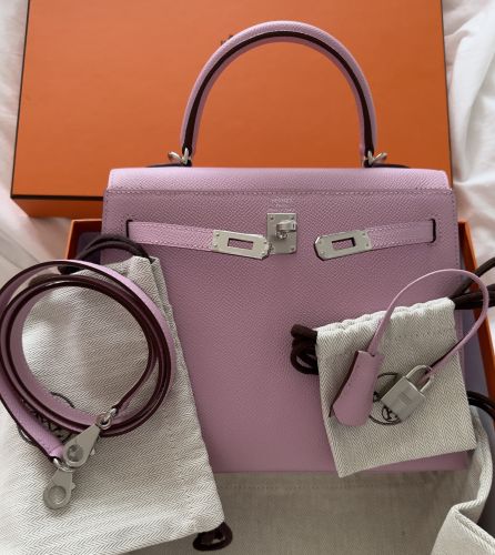 HERMÈS KELLY BAG 25 MAUVE SYLVESTER SELLIER EPSOM PALLADIUM HARDWARE