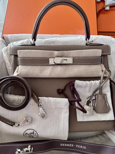 HERMÈS KELLY RETOURNÉ 28 ETOUPE TOGO PALLADIUM  HARDWARE
