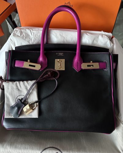 HERMÈS BIRKIN 30 HSS SPECIAL ORDER BLACK ROSE POURPRE SWIFT GOLD HARDWARE