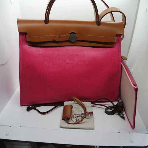 HERMÈS HERBAG POCHETTE ZIP 31 TOILE PINK BEIGE BARENIA PALLADIUM