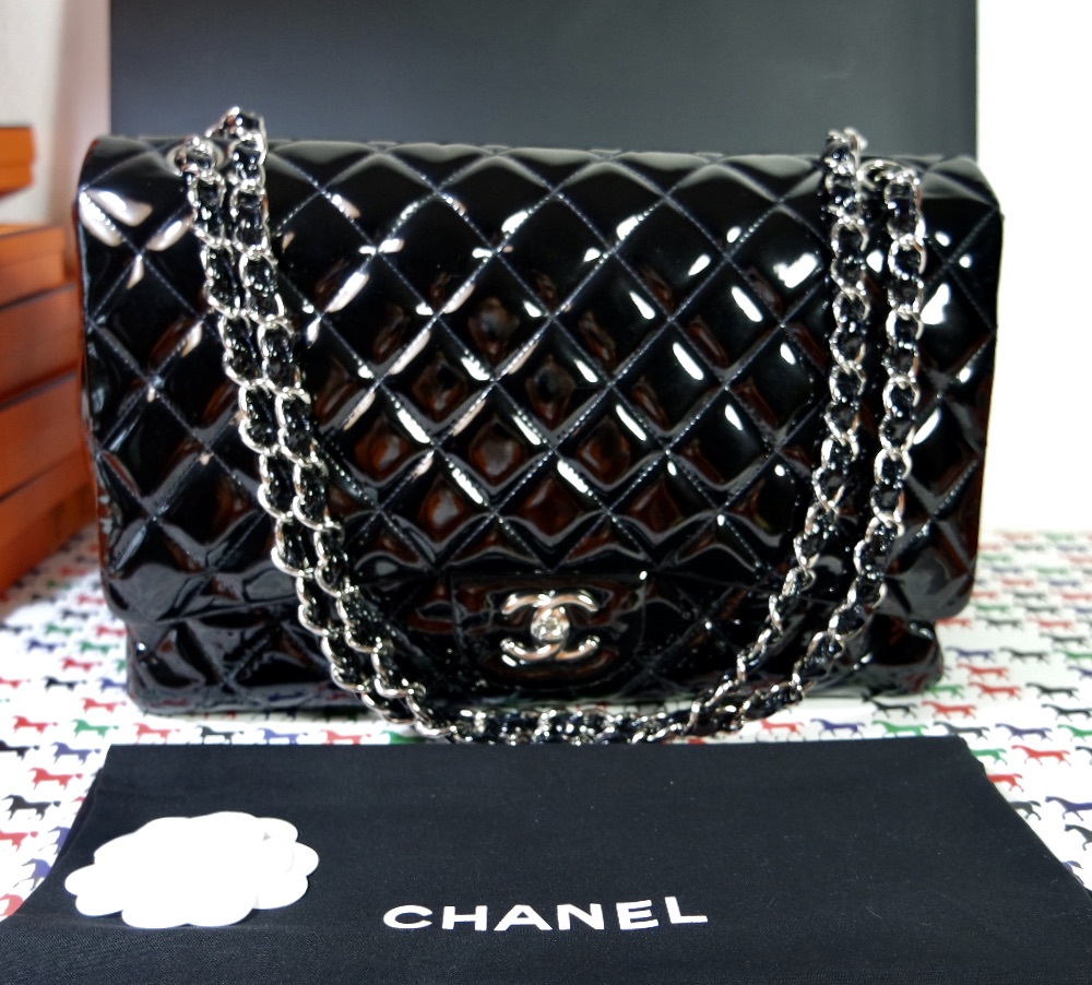 CHANEL JUMBO CLASSIC BAG FLAP BLACK PATENT LEATHER SILBER
