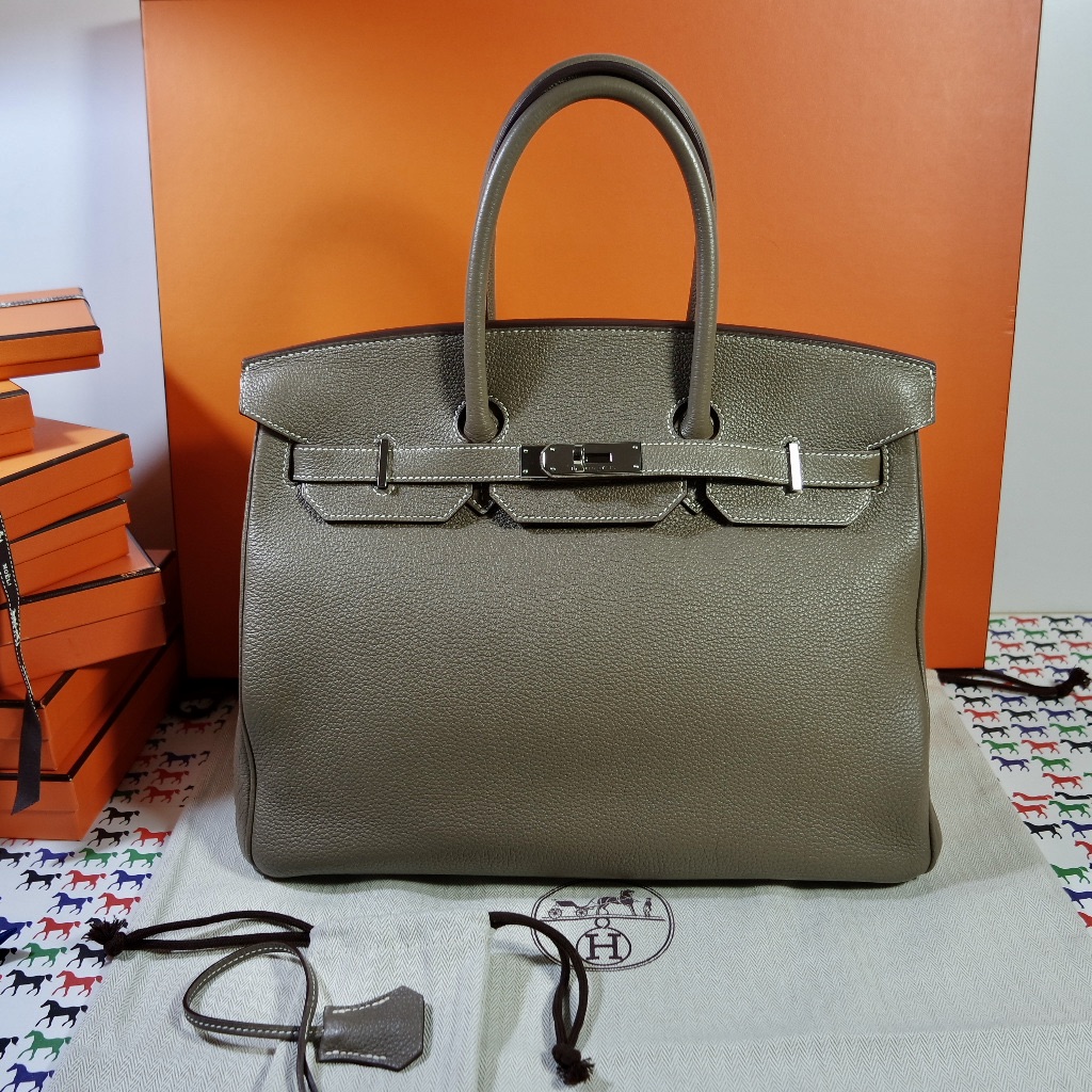 Hermes Etoupe Grey Togo Leather Palladium Hardware Birkin 35 Bag Hermes