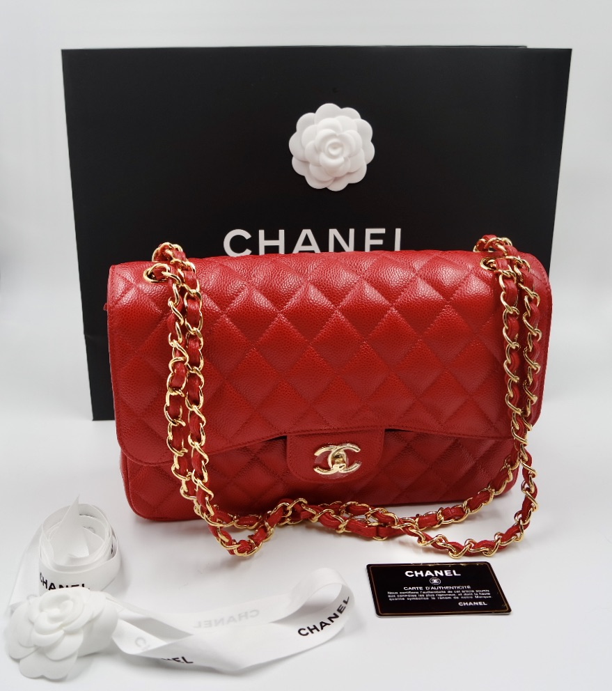 CHANEL CLASSIC FLAP BAG IN ROT KAVIAR LEDER MIT GOLD