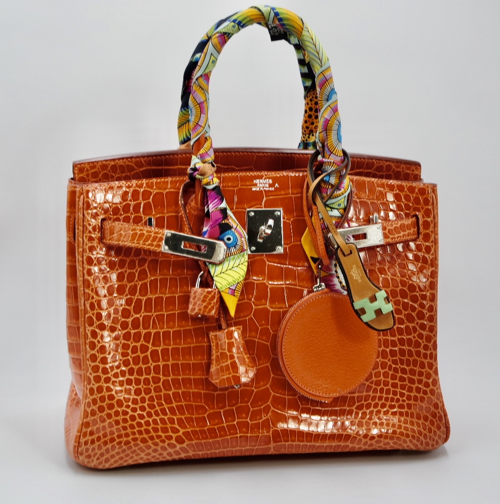 Hermes Birkin 30 Bag Orange Crocodile Bag Palladium Hardware • MIGHTYCHIC •  
