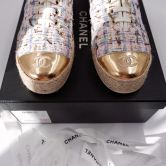 CHANEL ESPADRILLES LACE-UP SHOES TWEED GOLD