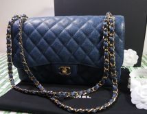 CHANEL CLASSIC FLAP BAG IN BLUE KAVIAR LEATHER GOLD HARDWARE 